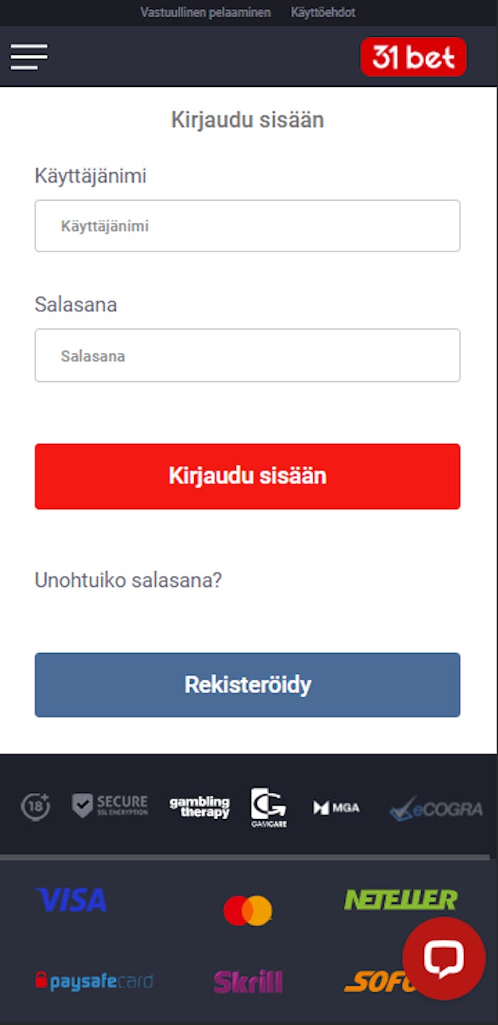 Rekisteröityminen 31 Bet kasinolle