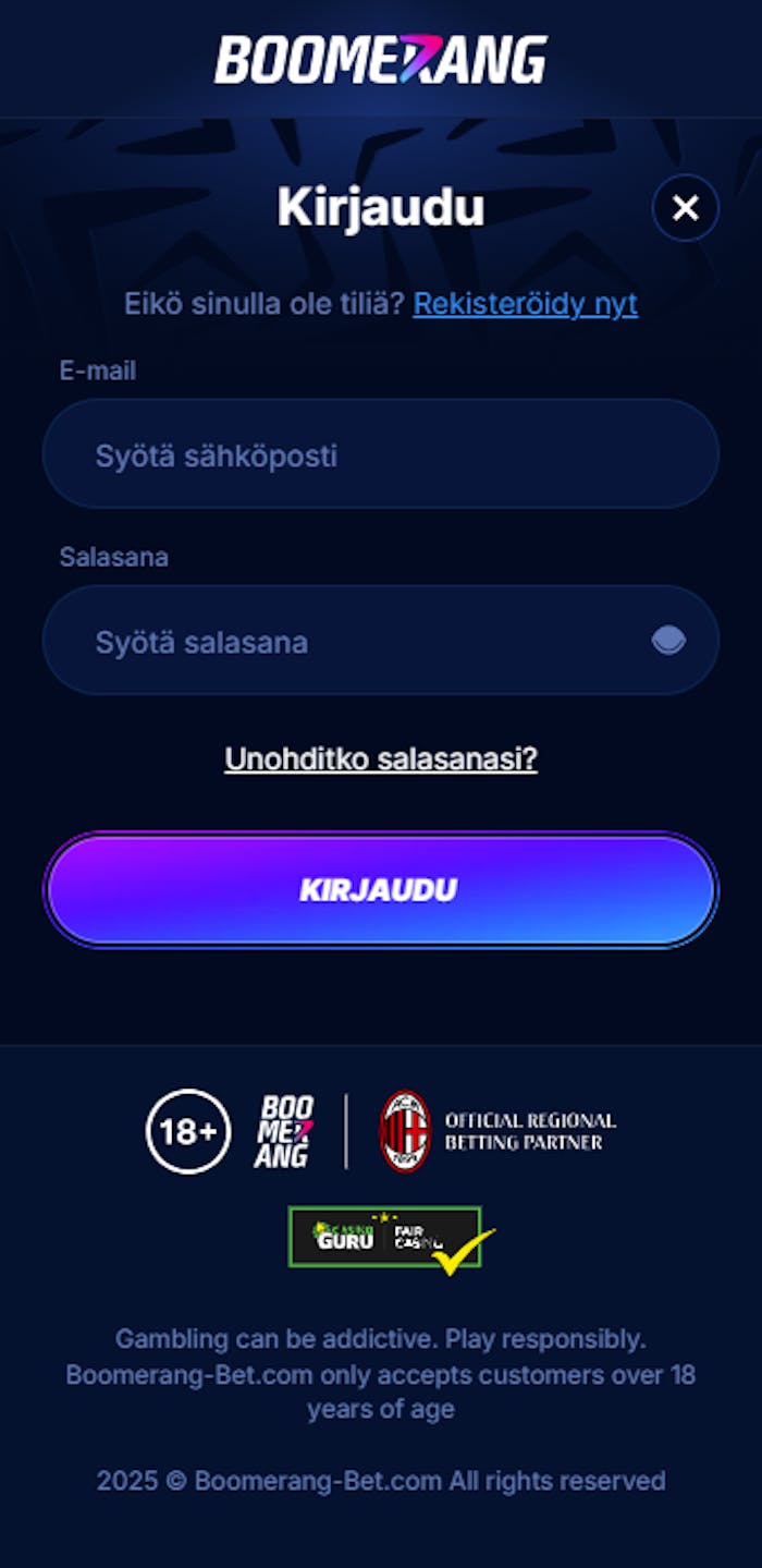 Rekisteröityminen BoomerangBet nettikasinolle