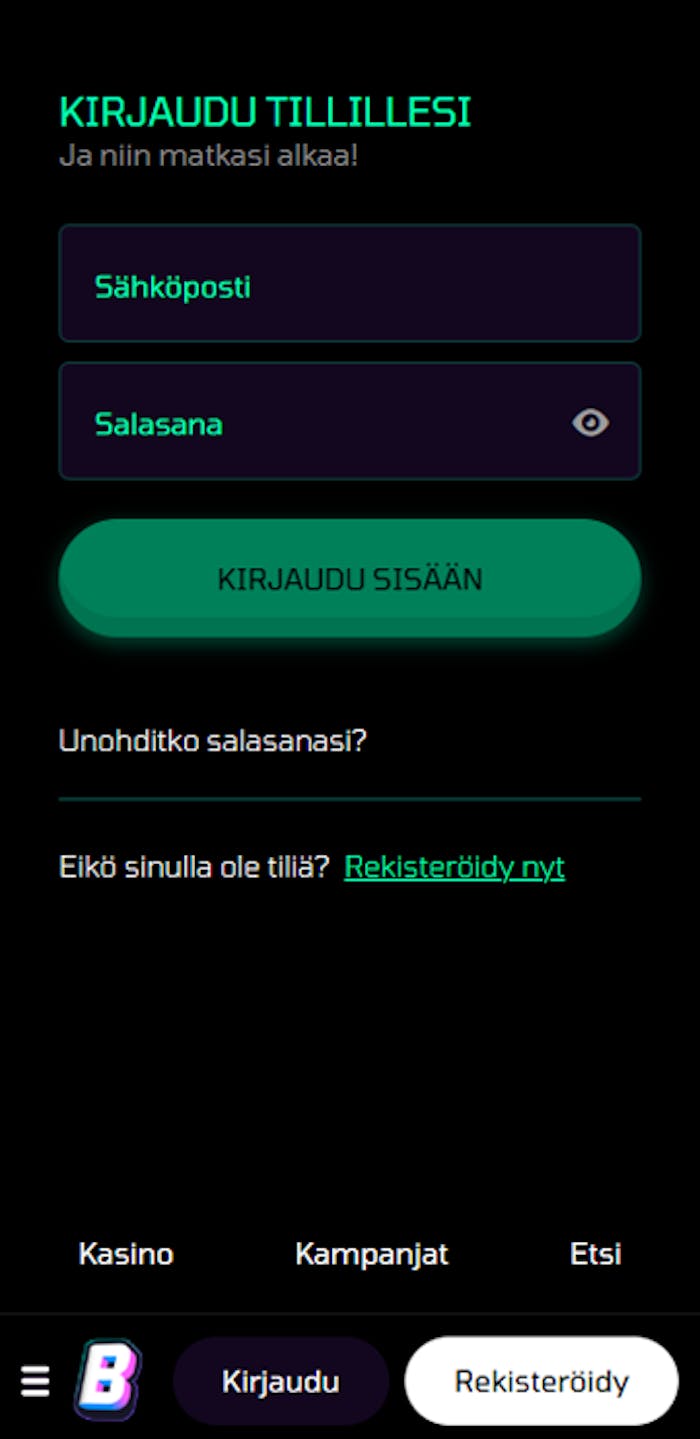 Pelitilin avauslomake Buumiin