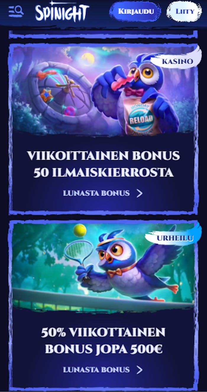 Spinight casinon kampanjoissa on esimerkiksi viikoittaiset ilmaiskierrokset ja viikoittainen käteisbonus.