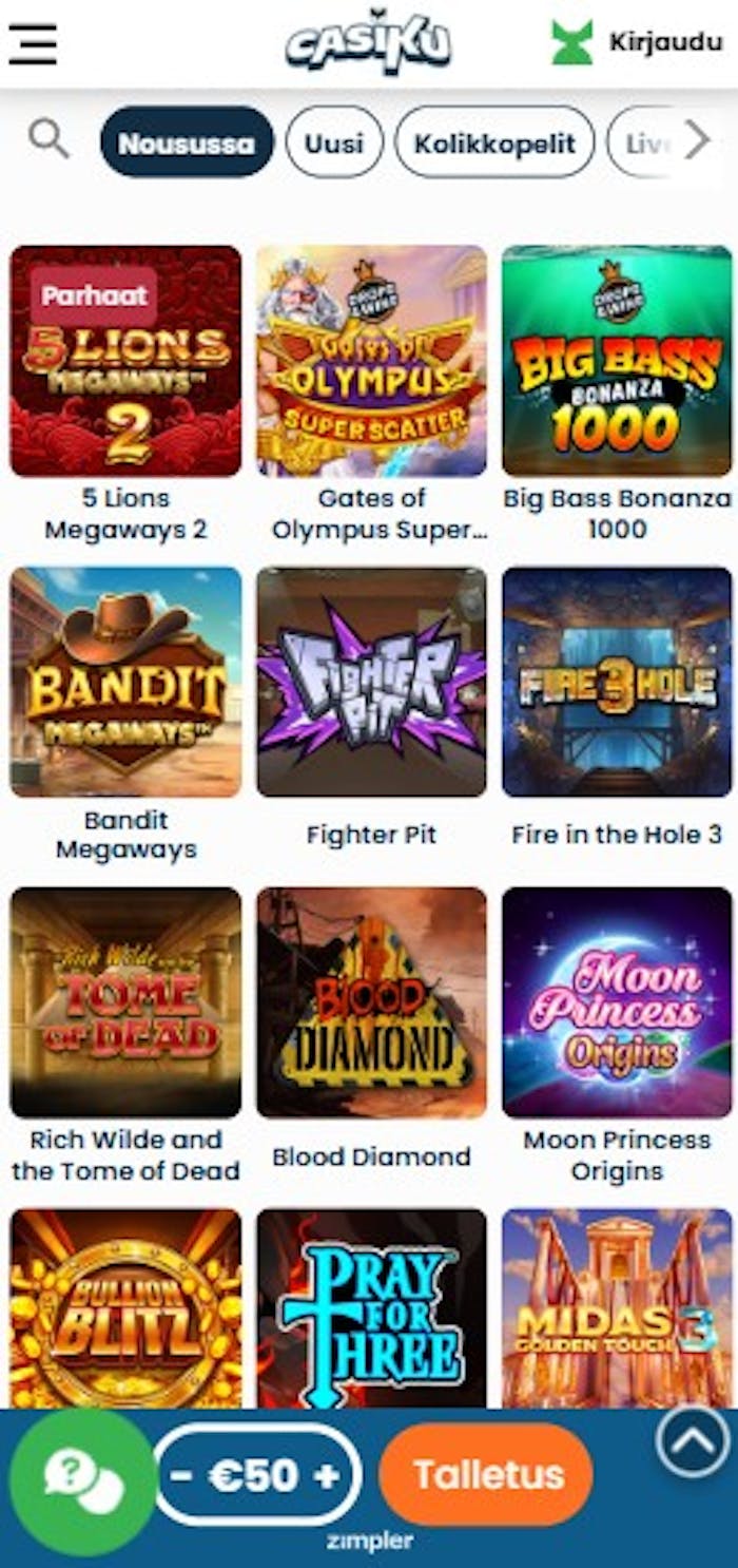 Casiku Casinon pelivalikoimassa on esimerkiksi Moon Princess, Bandit Megaways, Big Bass Bonanza 1000 ja muut suosikit.