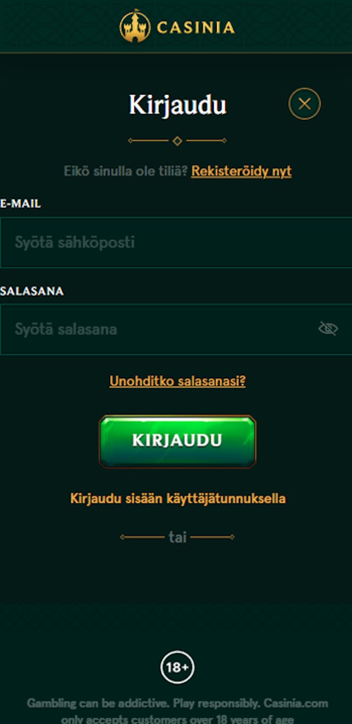 Casinia kasinolle rekisteröidytään perinteiseen tyyliin.