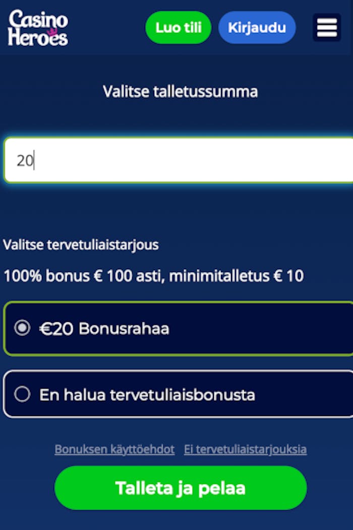 Aloittaminen Casino Heroes -sivustolla. Bonuksen valinta.