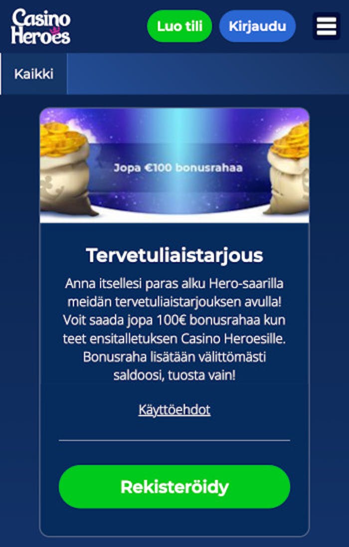 Casino Heroesin tervetuliaisbonus 100 % jopa 100 €.