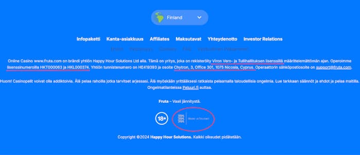 Viron EMTA lisenssin tiedot Fruta Casinon etusivun alareunassa