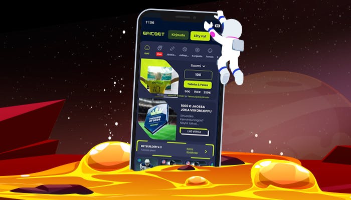 Suomi Kasino mobiilisivusto avaruusteemaisessa kuvassa, astronautti kiipeää puhelimeen tulivuorimaisella pinnalla