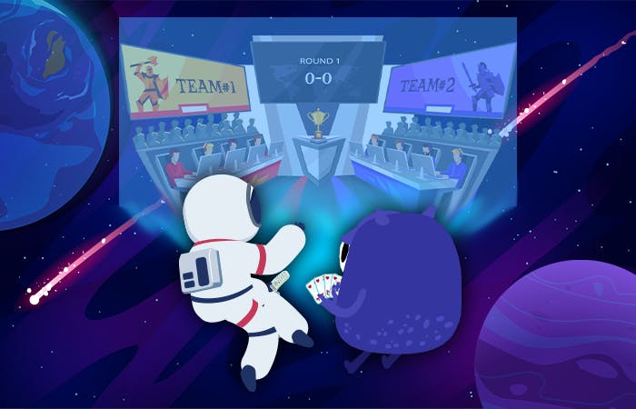 Esports vedonlyönti - kuvassa astronautti ja alien lyövät vetoa e-urheilusta