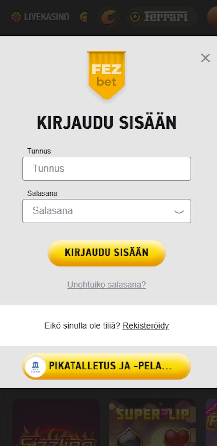 Pelitilin avaaminen Fezbet nettikasinolle