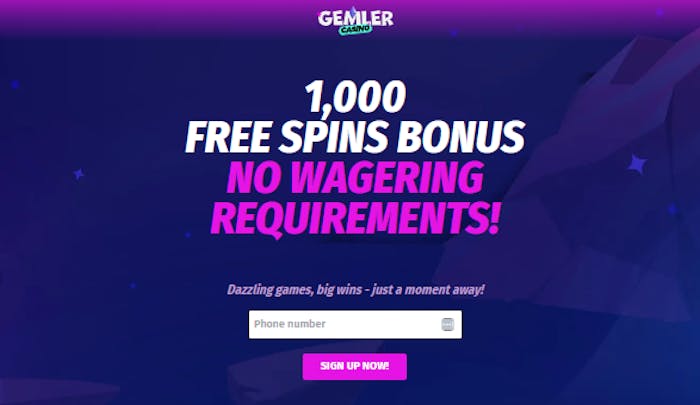 Gemler casino kertoo etusivullaan 1000 kierrätysvapaan ilmaiskierroksen tarjouksesta.
