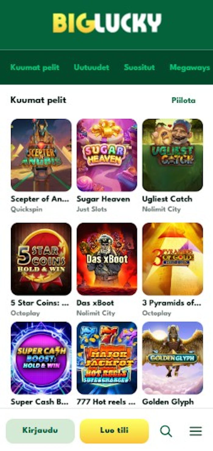 Big Lucky Casinon peleihin kuuluvat esimerkiksi Sugar Heaven ja Golden Glyph.