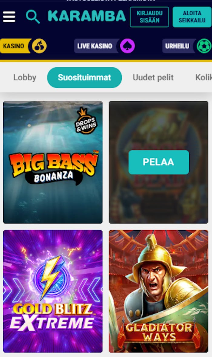 Karamba kasinon suosituimpiin peleihin kuuluvat esimerkiksi Big Bass Bonanza ja Gladiator Ways.