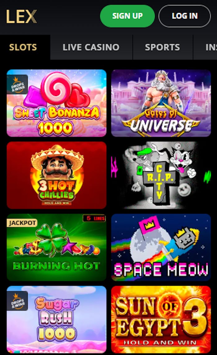 Lex Casinon suosituimpiin peleihin kuuluvat muun muassa Sweet Bonanza, Sugar Rush ja Space Meow.