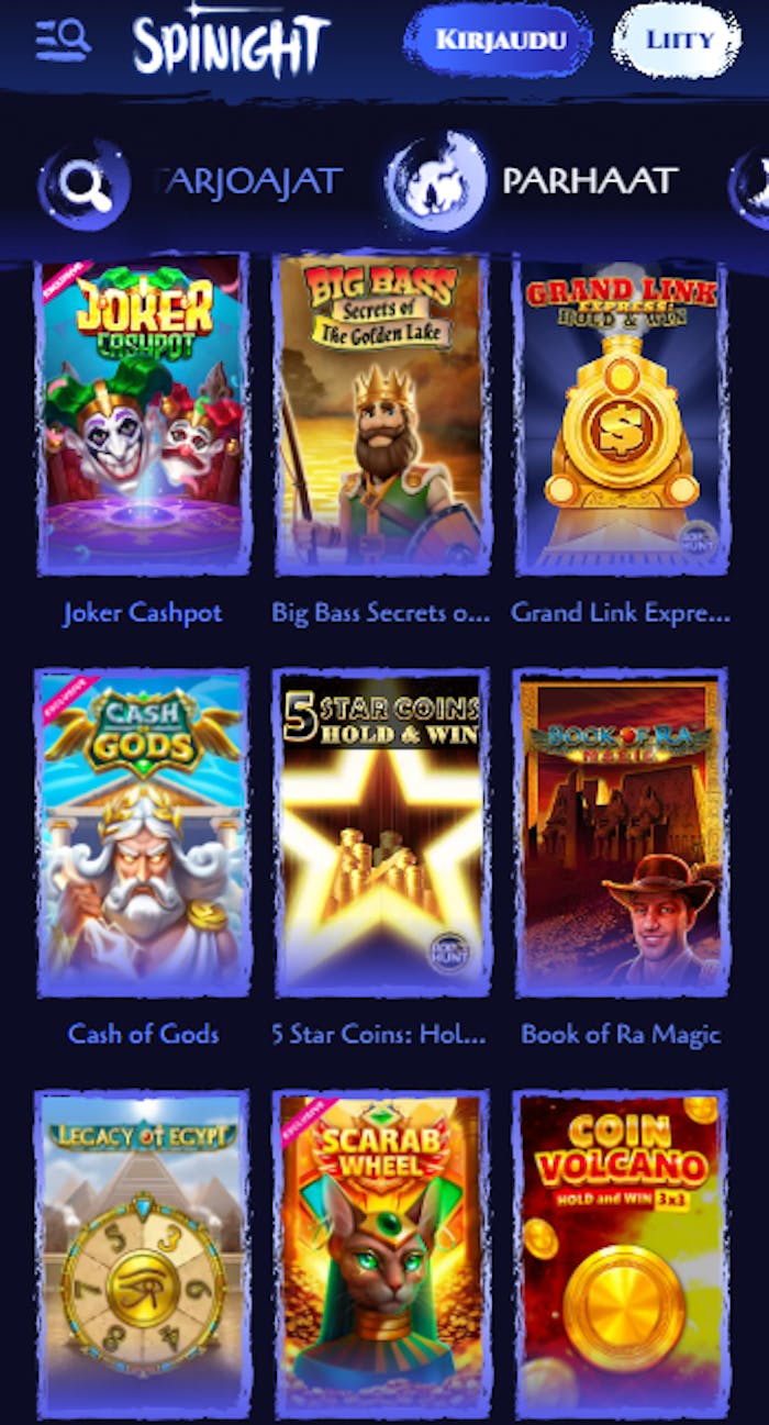 Spinight casinolla on suosittuja kolikkopelejä kuten Big Bass ja Coin Volcano.