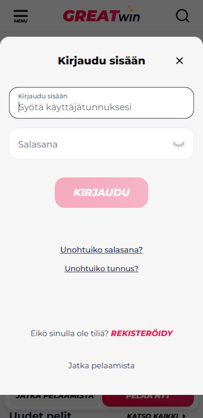 Pelitilin luominen Greatwin nettikasinolle