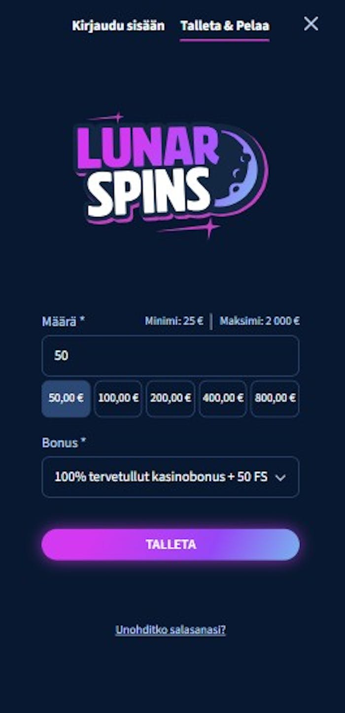 Lunar Spins Casinon talletuslomake.