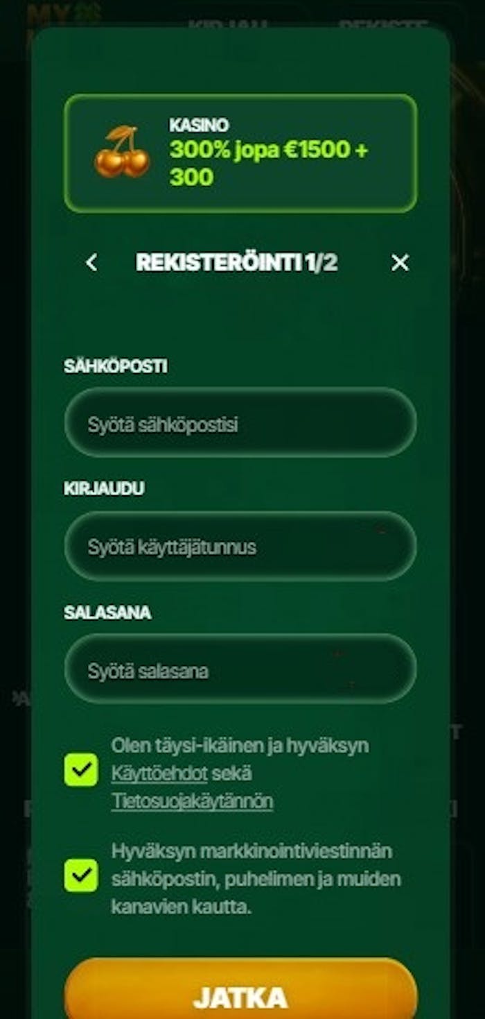 Myluck Casinon rekisteröitymislomake.
