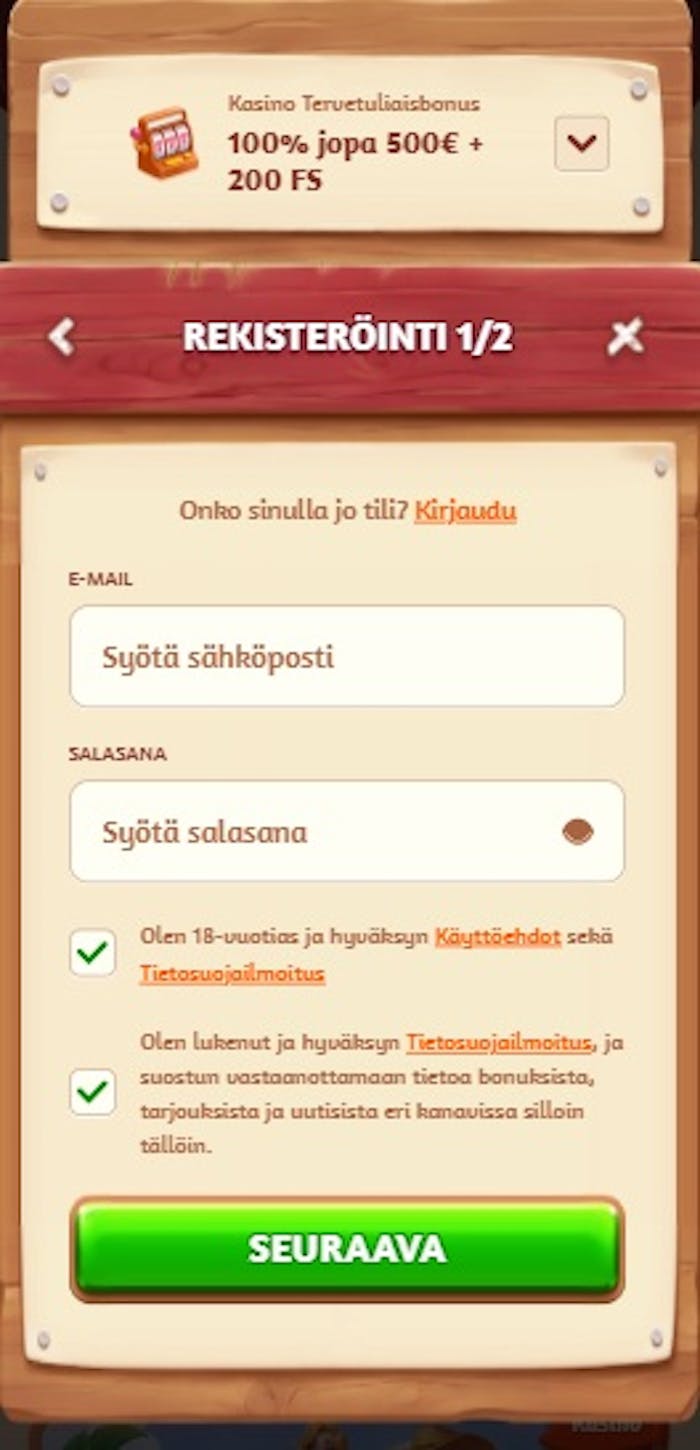Billybets kasinon rekisteröitymislomake.
