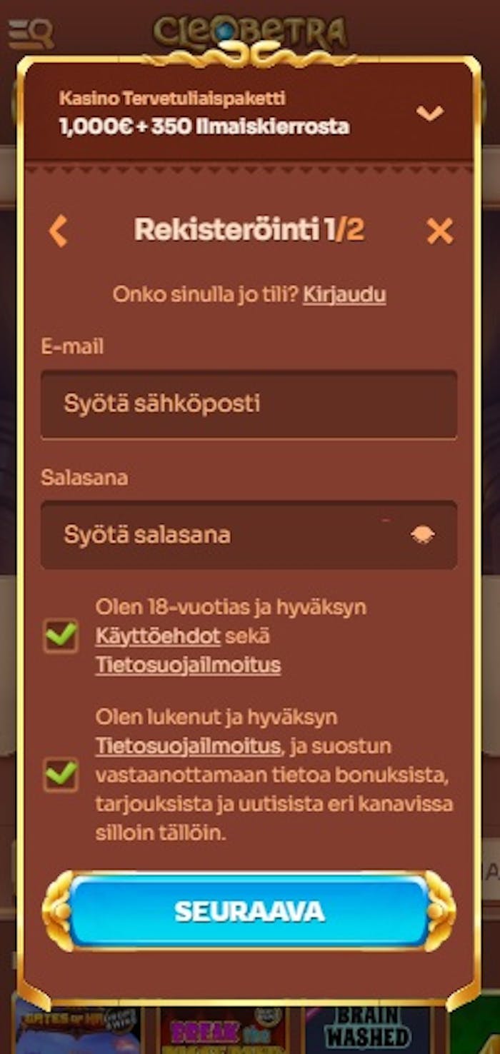 Cleobetra kasinon rekisteröitymislomake.