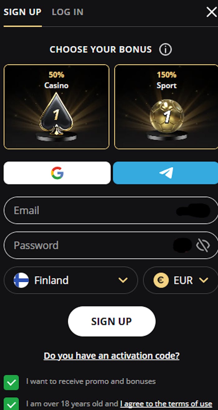 Lex Casinolle rekisteröityminen alkaa valitsemalla bonus.