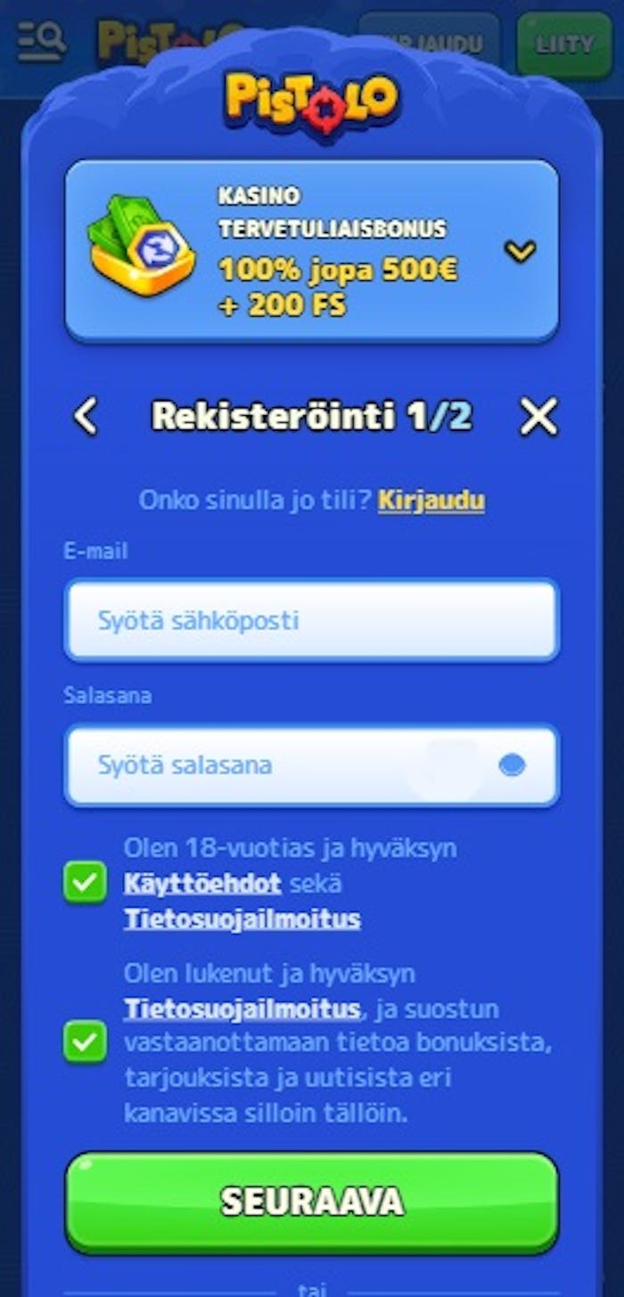 Pistolo kasinon rekisteröitymislomake.