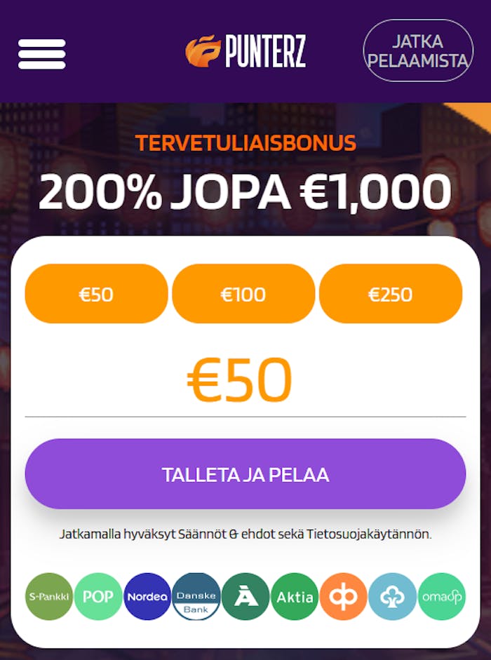 Punterz kasinolla peli aloitetaan tallettamalla valittu summa.