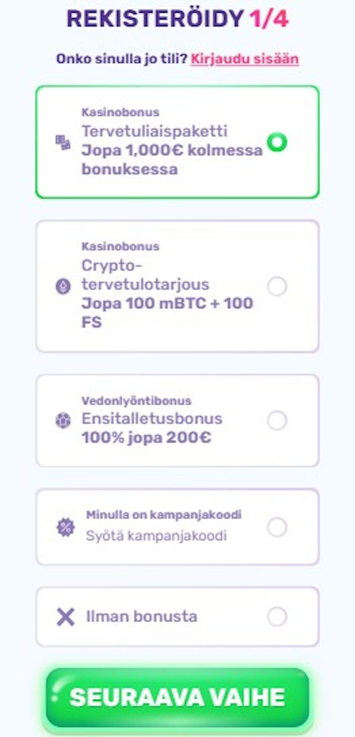 Slots Palace kasinolle rekisteröityessä valitaan ensin bonus.