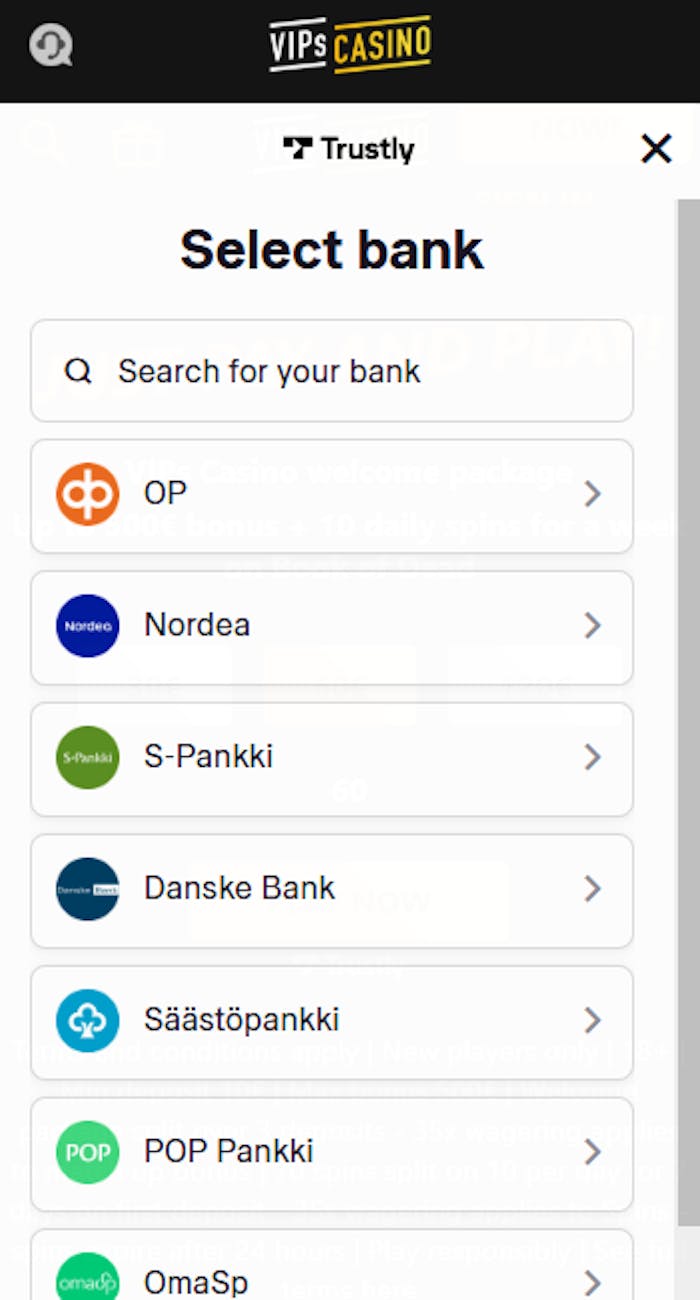 Vips Casinolla pelaaminen alkaa tallettamalla Trustlyn avulla.