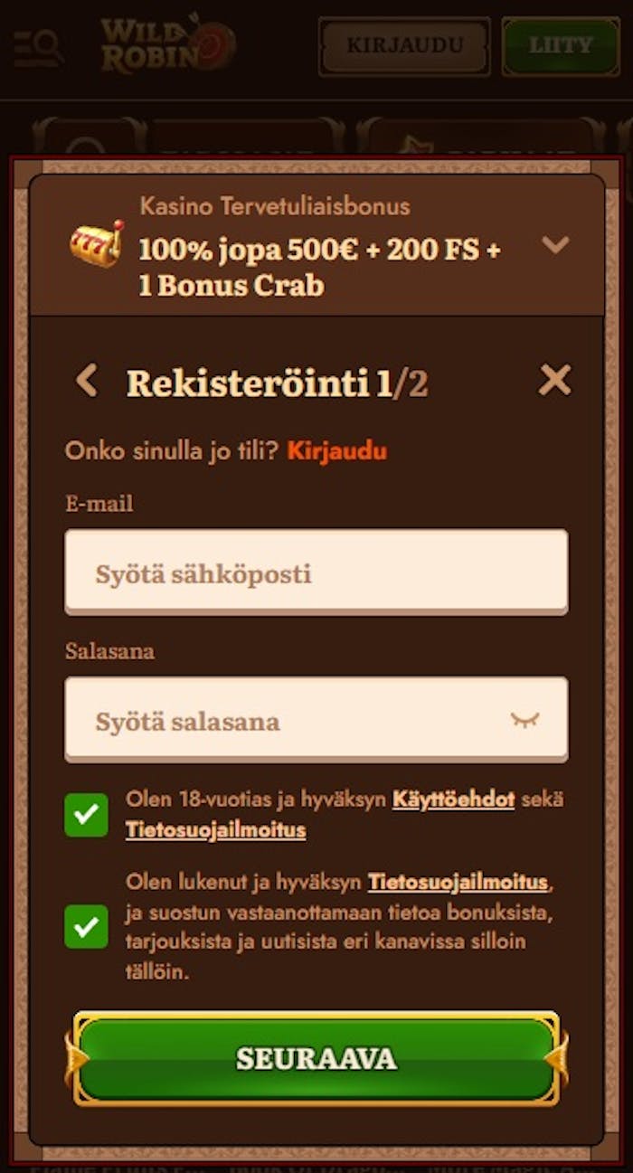 Pelitili Wild Robin kasinolle avataan täyttämällä rekisteröitymislomake.