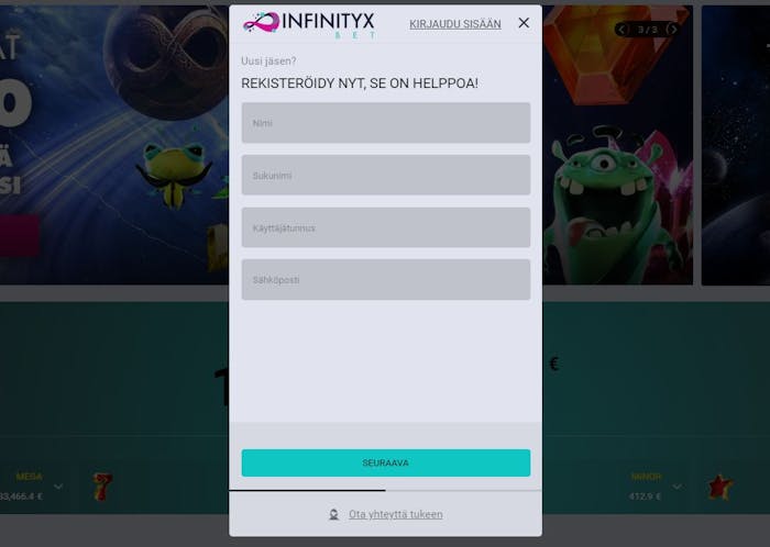 infinityx rekisteröintisivu