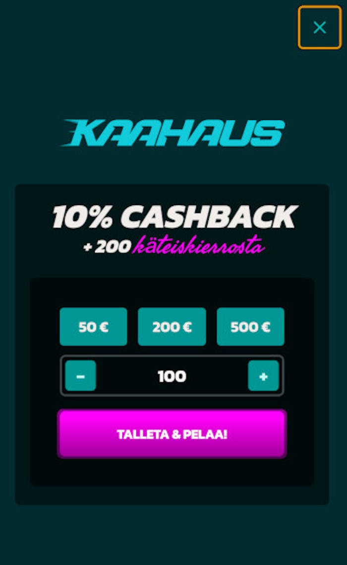 Kaahaus Casinon talletusikkuna, johon lisätään talletussumma