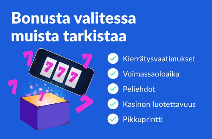 Bonusta valitsevan muistilistalla on kierrätysvaatimukset, voimassaoloaika, peliehdot, kasinon lisenssi ja bonusehtojen pikkuprintti.