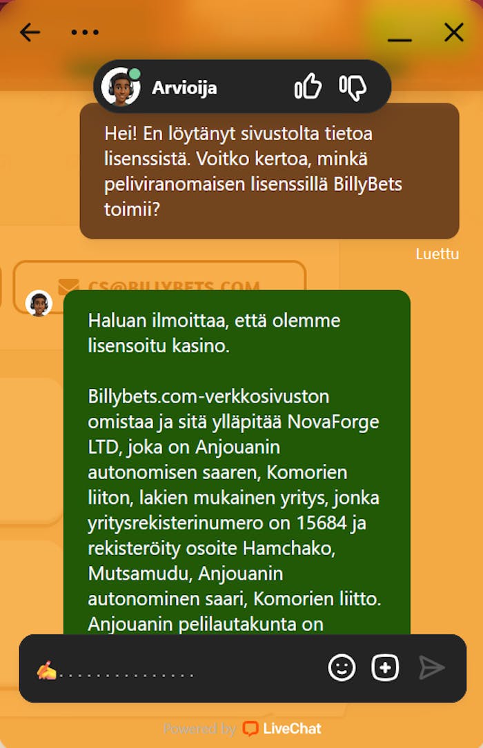 Billybets kasinon asiakaspalvelu palveli suomeksi.