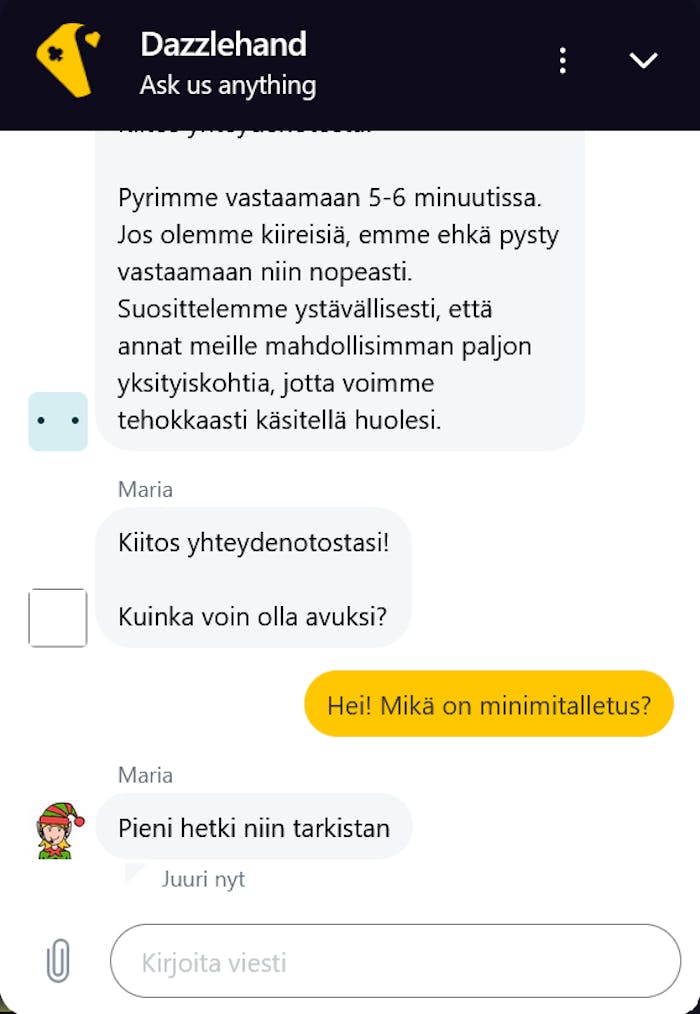 Dazzlehand Casinon chatissa palveltiin suomeksi.