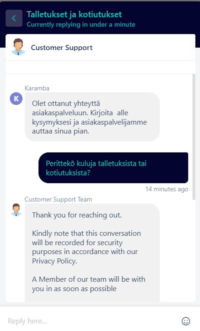 Karamba kasinon asiakaspalvelun chatissa ei vastattu testihetkellä.