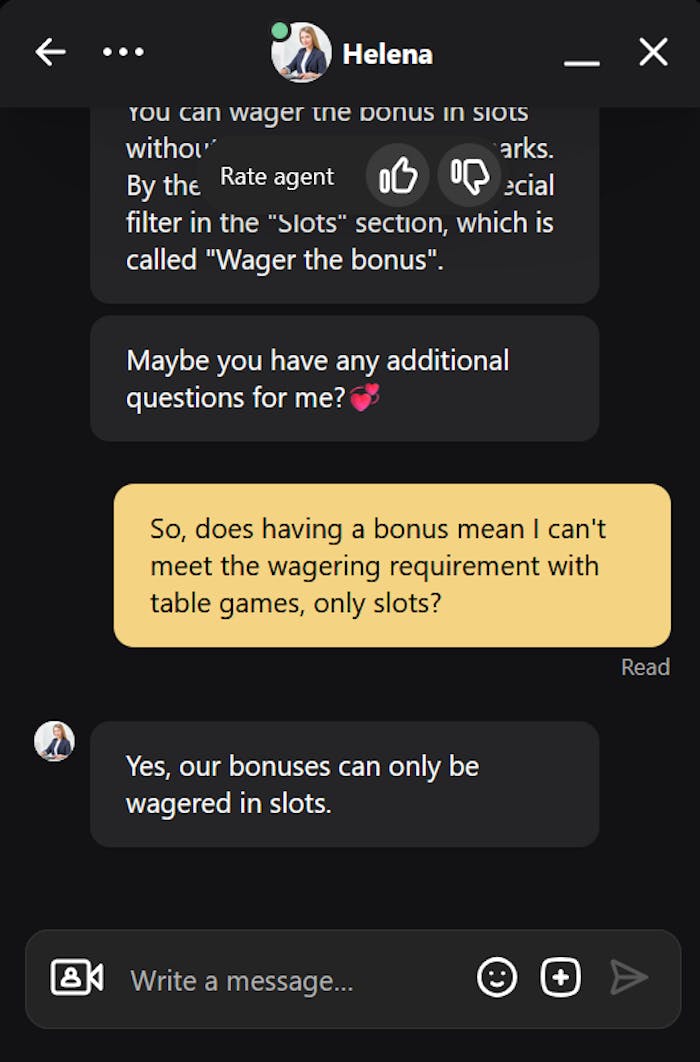 Lex Casinon asiakaspalvelu palveli englanniksi.