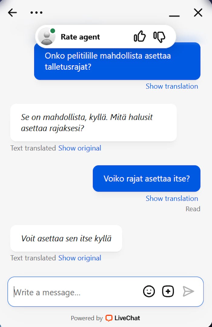 Lucky Friends asiakaspalvelun chatissa palveltiin suomeksi käännöstyökalulla.