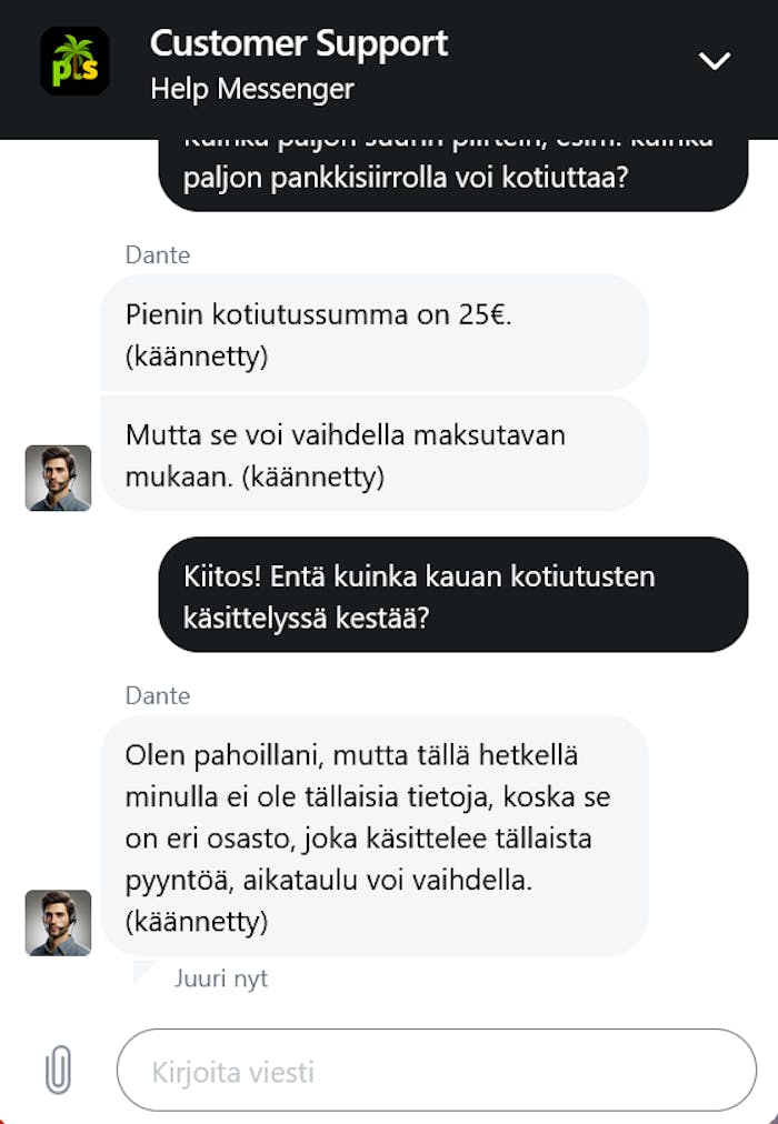 Palmslots Casinon chatissa palveltiin käännöstyökalun avulla.