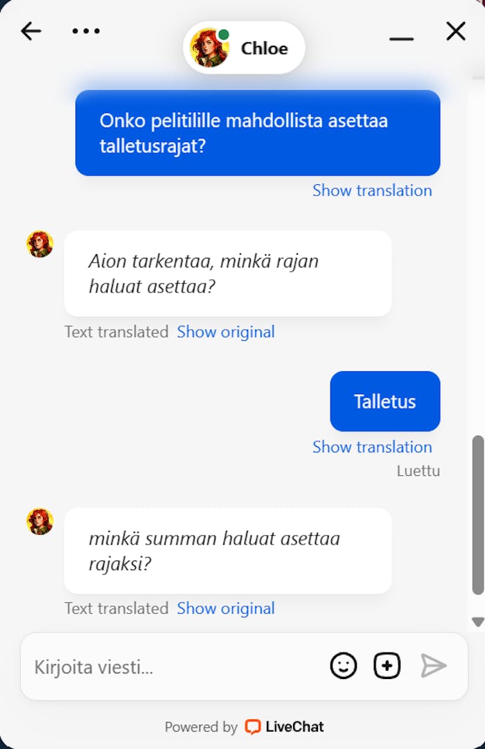 Rich Royal kasinon asiakaspalvelussa vastattiin suomeksi käännöstyökalulla.