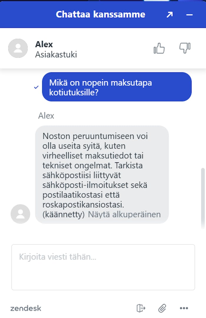 Spinight Casinon live chatissa vastattiin suomeksi.