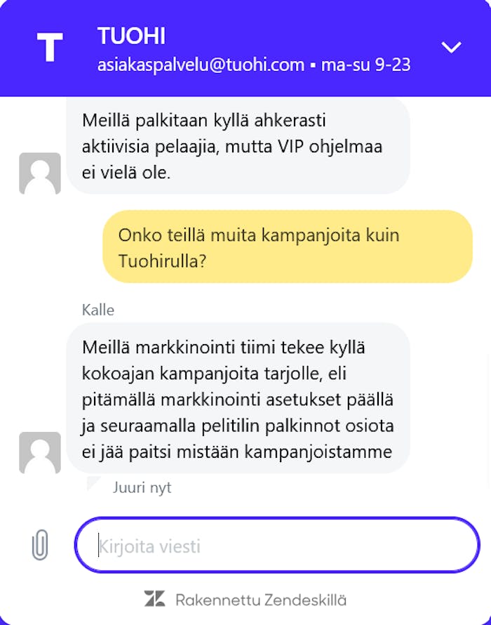 Tuohi kasinon chatissa palveltiin suomeksi.