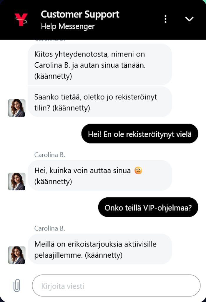 Yoyo Spins kasinon asiakaspalvelu palveli suomeksi käännöstyökalun avulla.