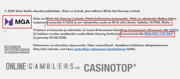 MGA kasinot - Lisenssin tarkistaminen MGA kasinolla - Kuvassa Slotsi kasinon alatunniste ja lisenssitiedot korostettuna: logo, lisenssinumero ja toimipaikan osoite