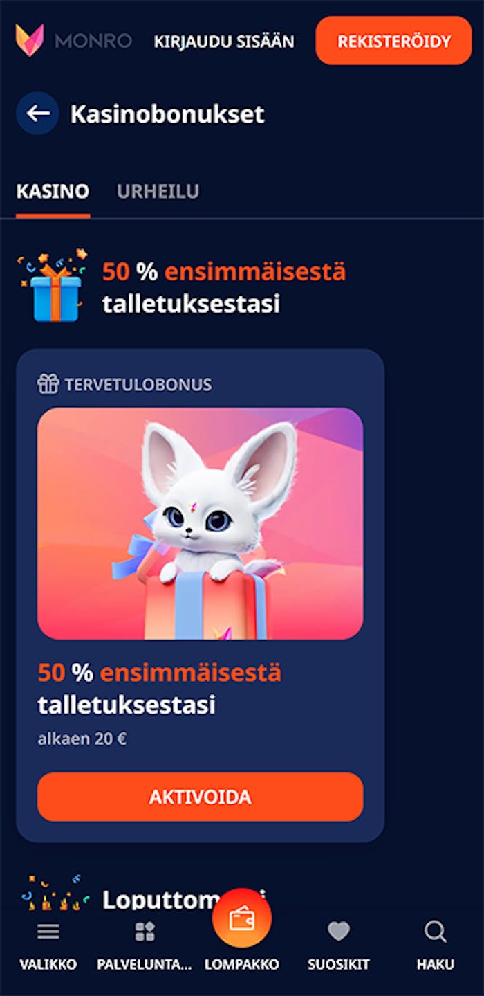 Monro nettikasinon tervetuliaisbonus