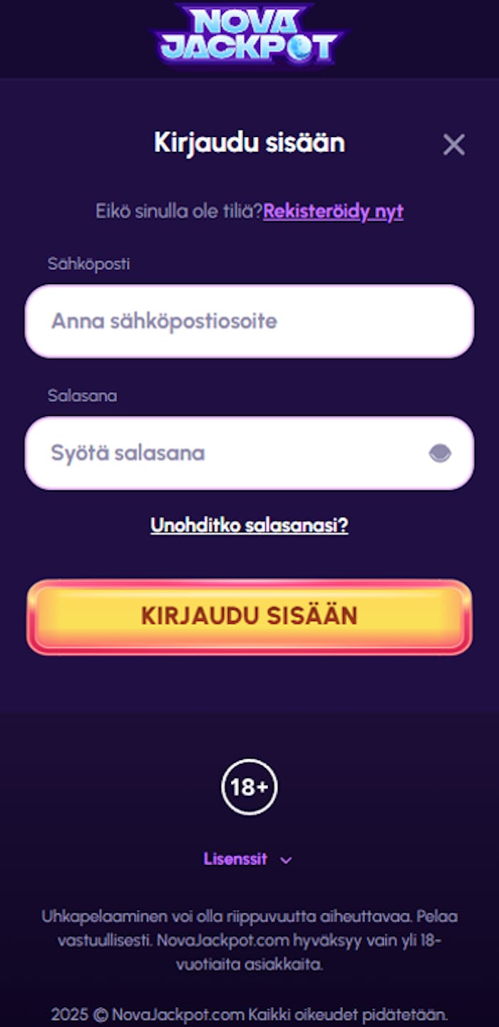 Rekisteröityminen Novajackpot nettikasinolle
