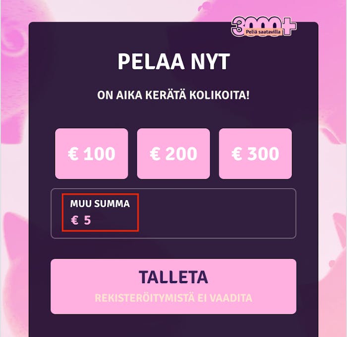 Talletusikkuna Possu Casinolla ja kenttään syötettynä minimitalletus 5 €