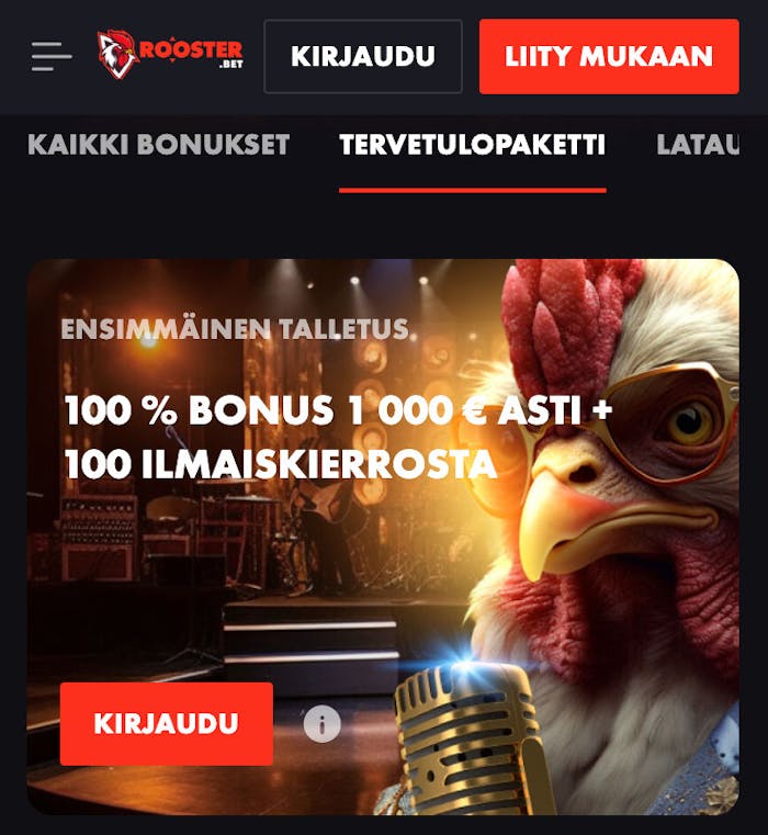 Tervetuliaisbonus Rooster Bet Casinolla: 100 % bonus 1000€ asti + 100 ilmaiskierrosta