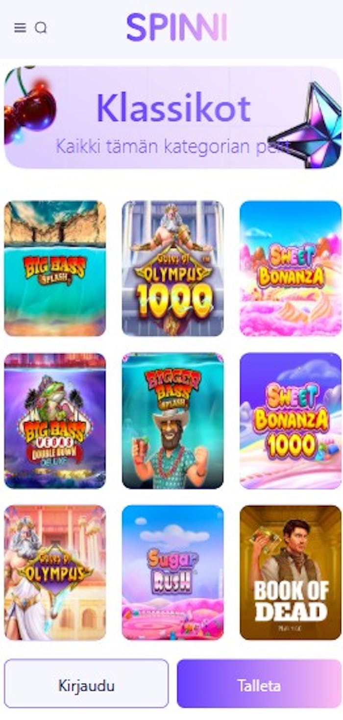 Spinni casinon peleihin kuuluvat esimerkiksi Gates of Olynpus 1000, Big Bass Splash ja monet muut klassikot.