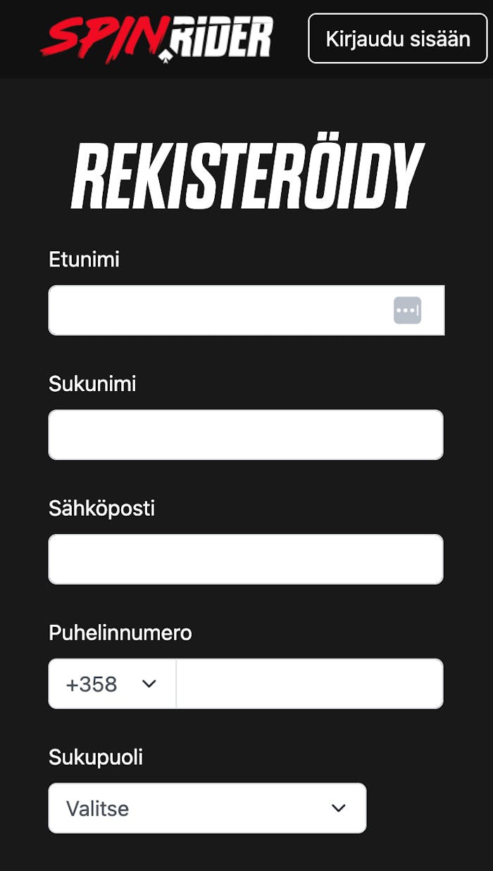 SpinRider kasinon rekisteröitymislomake