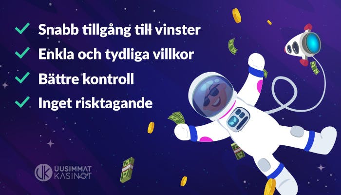 En astronaut svävar runt i rymden. På bilden är också fördelarna med att spela på ett casino utan omsättningskrav listade.