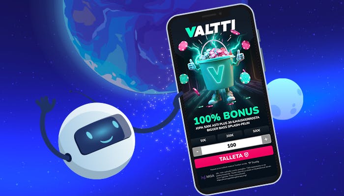 Valtti Casino avaruusteemaisessa kuvassa, jossa näkyy 100 % talletusbonus mobiililaitteella ja robotti hahmo